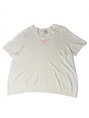 Vintage White Stag Short Sleeve Knit Sweater Upcycled with Pink Bow Embroidery